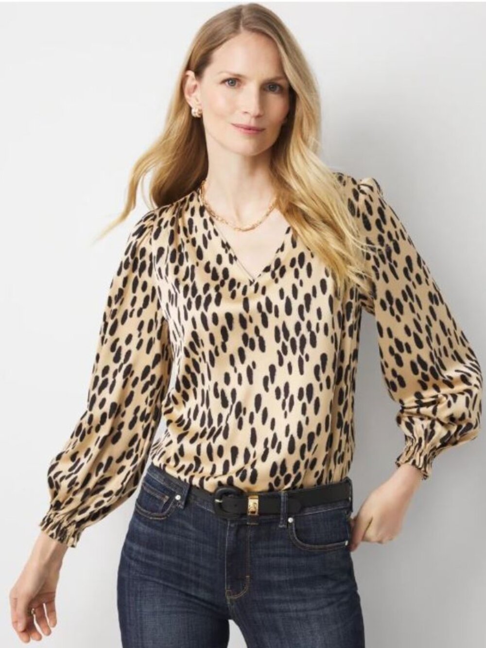 White House Black Market Ruffle Cuff Satin Top Womens MP Petite Tan Blouse I06
